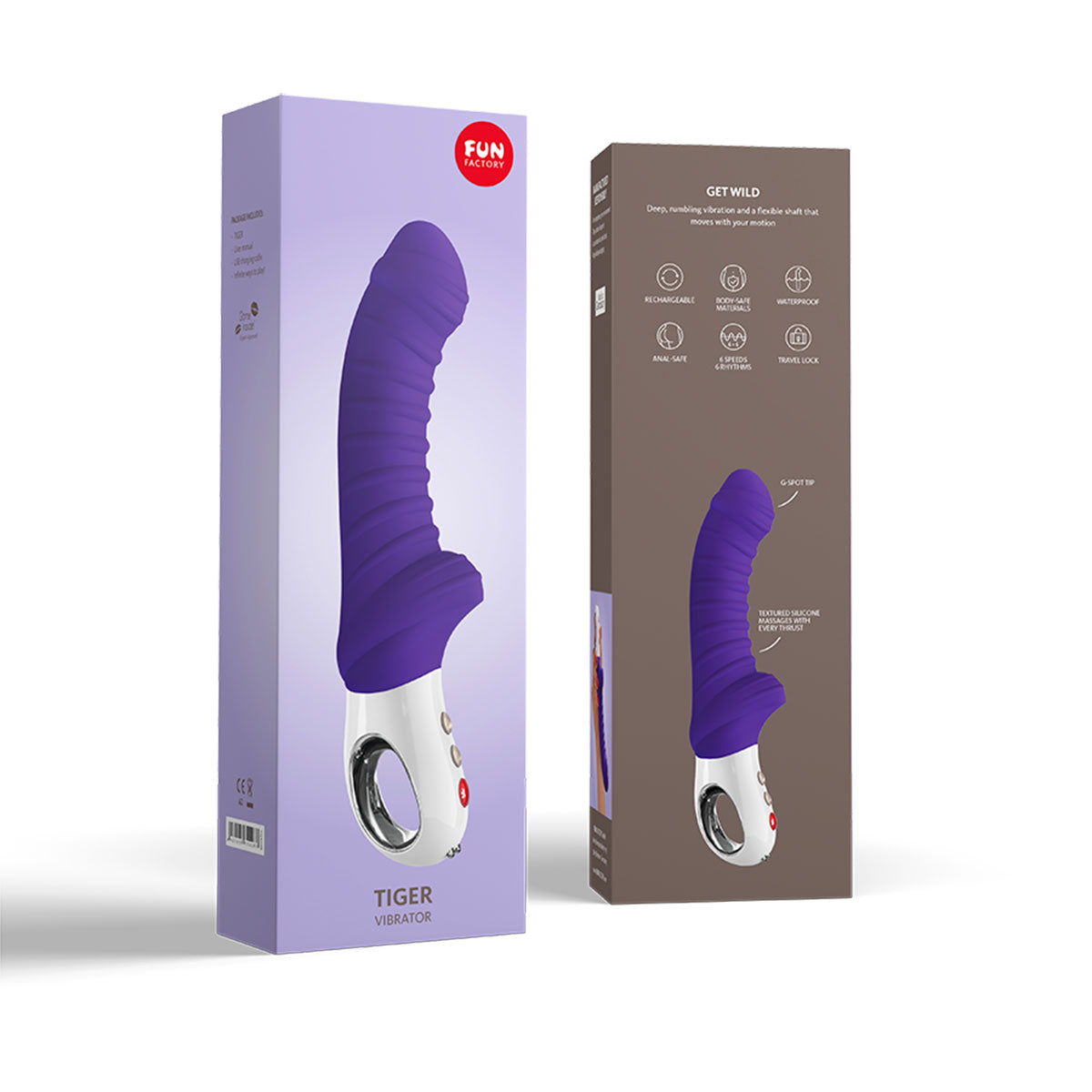 Fun Factory Tiger Vibrator Magenta packaging showcasing its ergonomic design and advanced features for targeted stimulation.