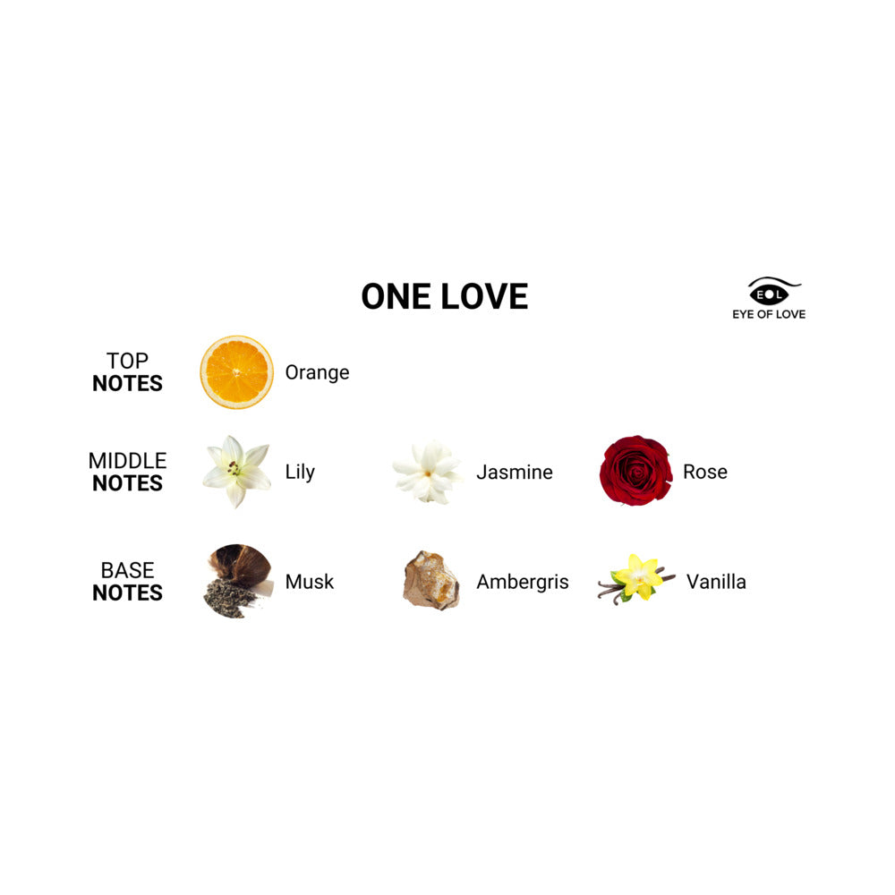 Eye of Love One Love Attract Him Pheromone Parfum 10 ml fragrance notes chart with orange, lily, jasmine, rose, musk, ambergris, and vanilla.