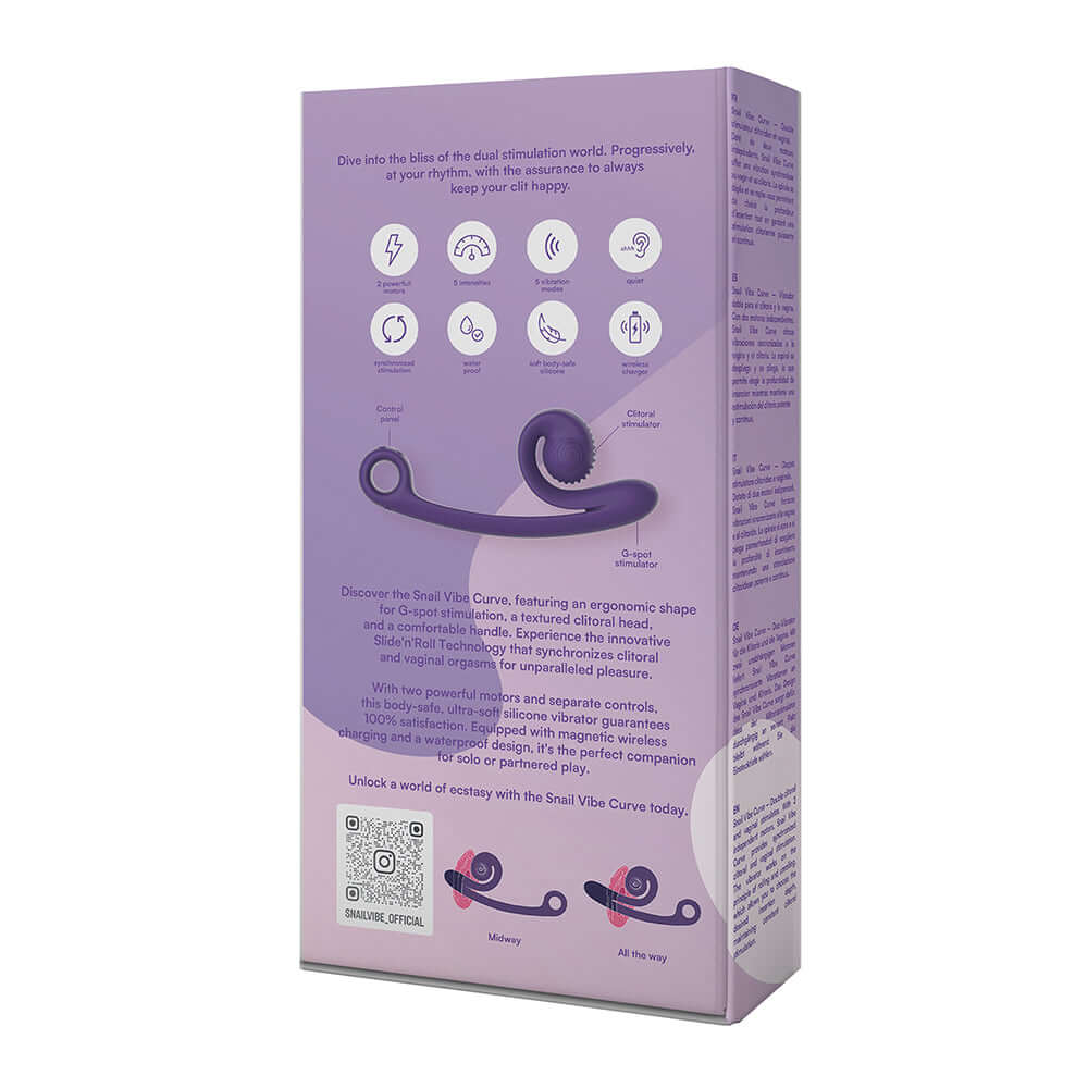 Snail Vibe SVibe Curve Massager Purple packaging showcases features for dual stimulation and ergonomic design.