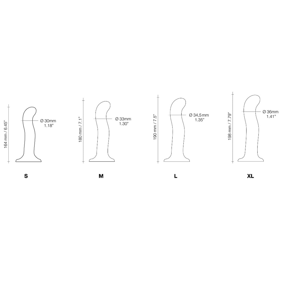 Strap-on-me P & G-spot Dildo Black Small size comparison chart with dimensions for S, M, L, and XL.