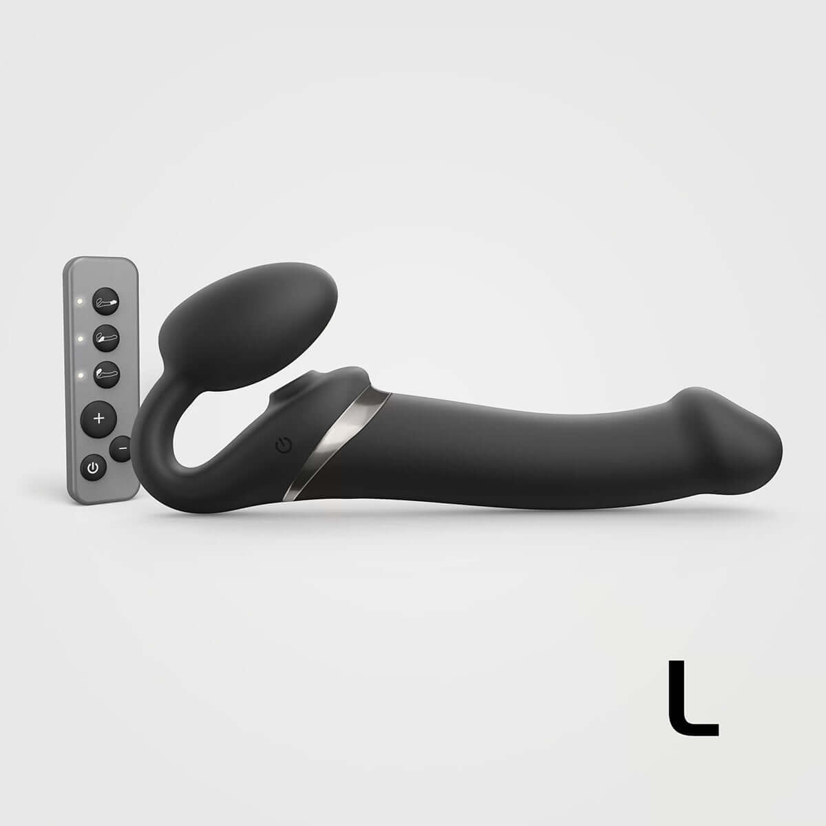 Strap-on-me Multi Orgasm Bendable Strapless Strap-on Black Large with remote control for enhanced pleasure.
