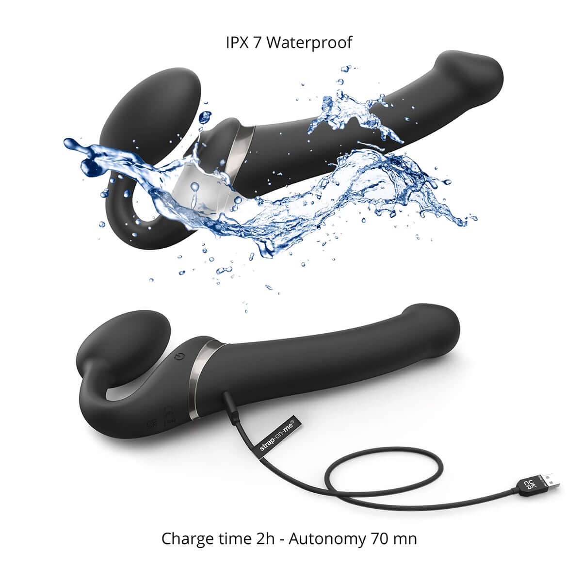 Strap-On-Me Multi Orgasm Bendable Strapless Strap-On Black Medium with waterproof feature and charging details.