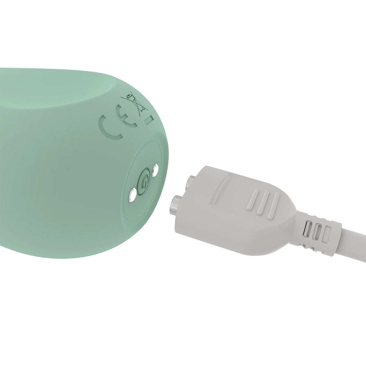 Close-up of the charging plug and port of the Ritual Chi Rechargeable Silicone Clit Vibe Mint.