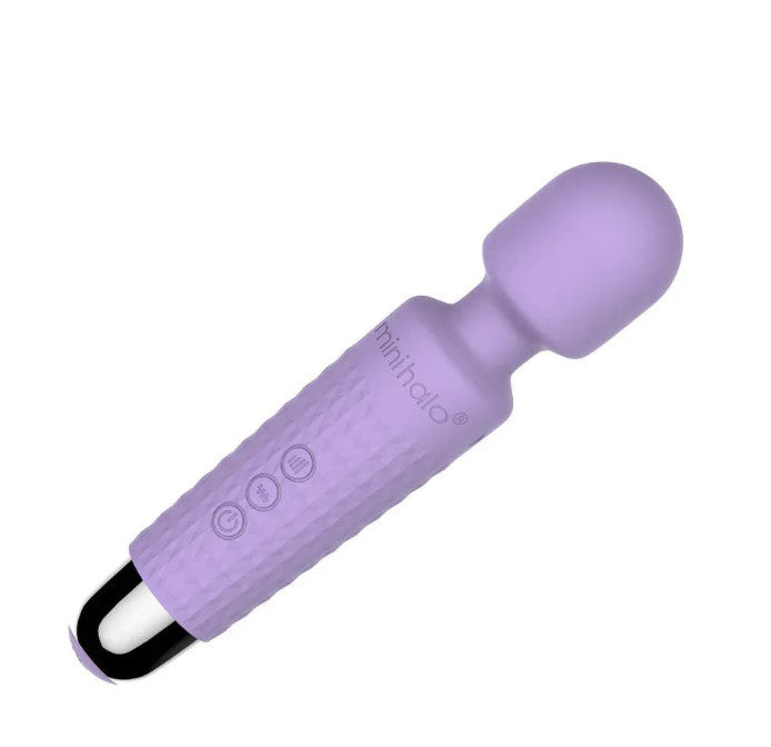 Viben Mini Halo Lilac Rechargeable Wand Massager in lilac color with ergonomic design and buttons.