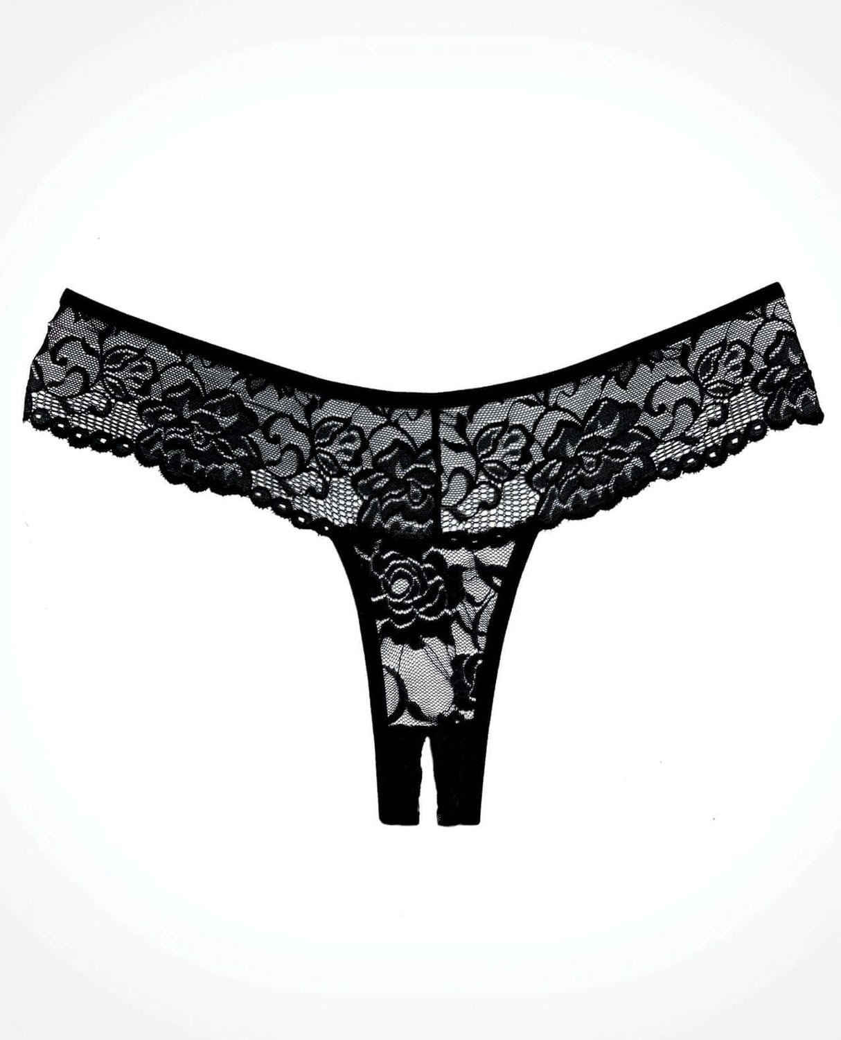 Adore Chiqui Love Thong Panty Black OS featuring sheer floral lace and scalloped trim design.