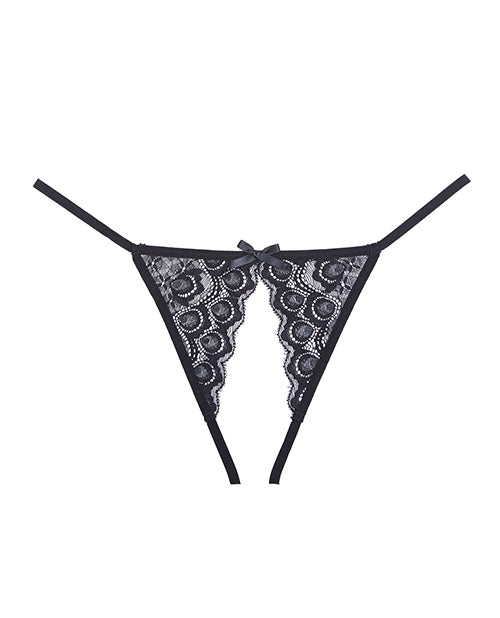 Adore Luv Web Strappy Open Front Panty Black showcasing a unique web design and intricate lace details.