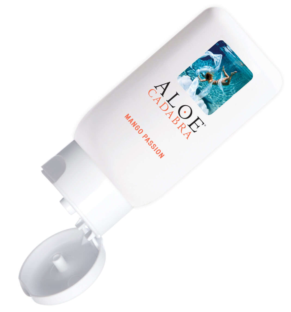 Aloe Cadabra Organic Lubricant Mango Passion 2.5 Oz bottle with flip cap open, showcasing tropical design.