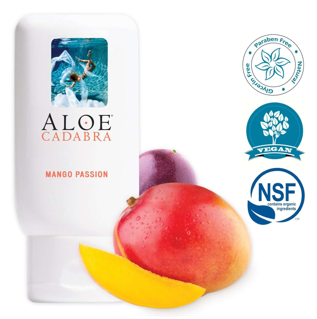 Aloe Cadabra Organic Lubricant Mango Passion 2.5 Oz bottle with mango and passion fruit beside it.