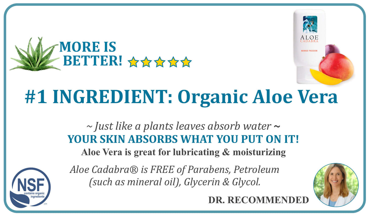 Aloe Cadabra Organic Lubricant Mango Passion 2.5 Oz information card emphasizing organic aloe vera and moisturizing benefits.