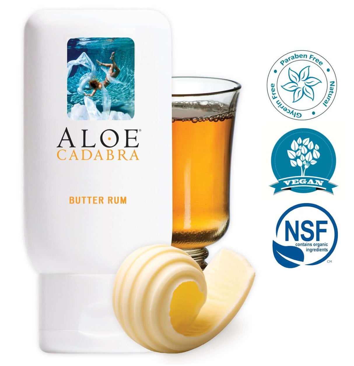 Aloe Cadabra Organic Lubricant Butter Rum 2.5 Oz with a glass of rum and creamy texture, paraben free and vegan.