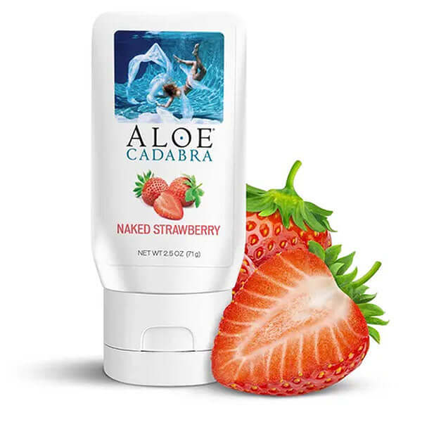 Aloe Cadabra Organic Lubricant Strawberry 2.5 Oz with strawberry fruit, perfect for intimate moments.