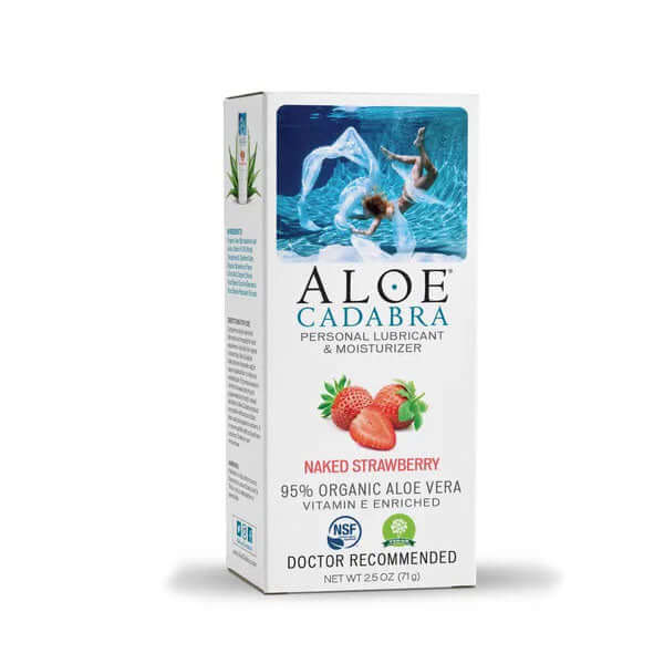Aloe Cadabra Organic Lubricant Strawberry 2.5 Oz packaging featuring sweet strawberry flavor and 95% organic aloe vera.