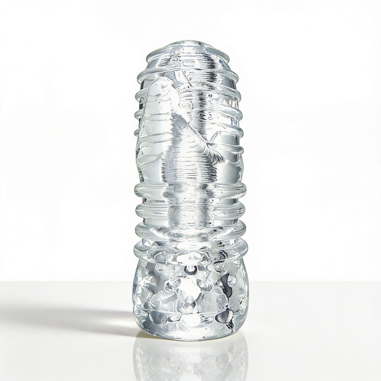 Sexflesh Palm-Tec LX Vol 20 Stroker Clear showcases its clear design and textured surface for enhanced stimulation.