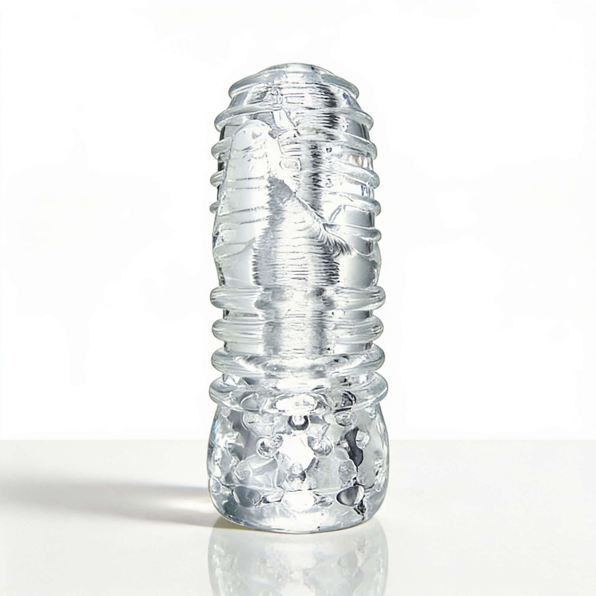 Sexflesh Palm-Tec LX Vol 20 Stroker Clear showcases its clear design and textured surface for enhanced stimulation.