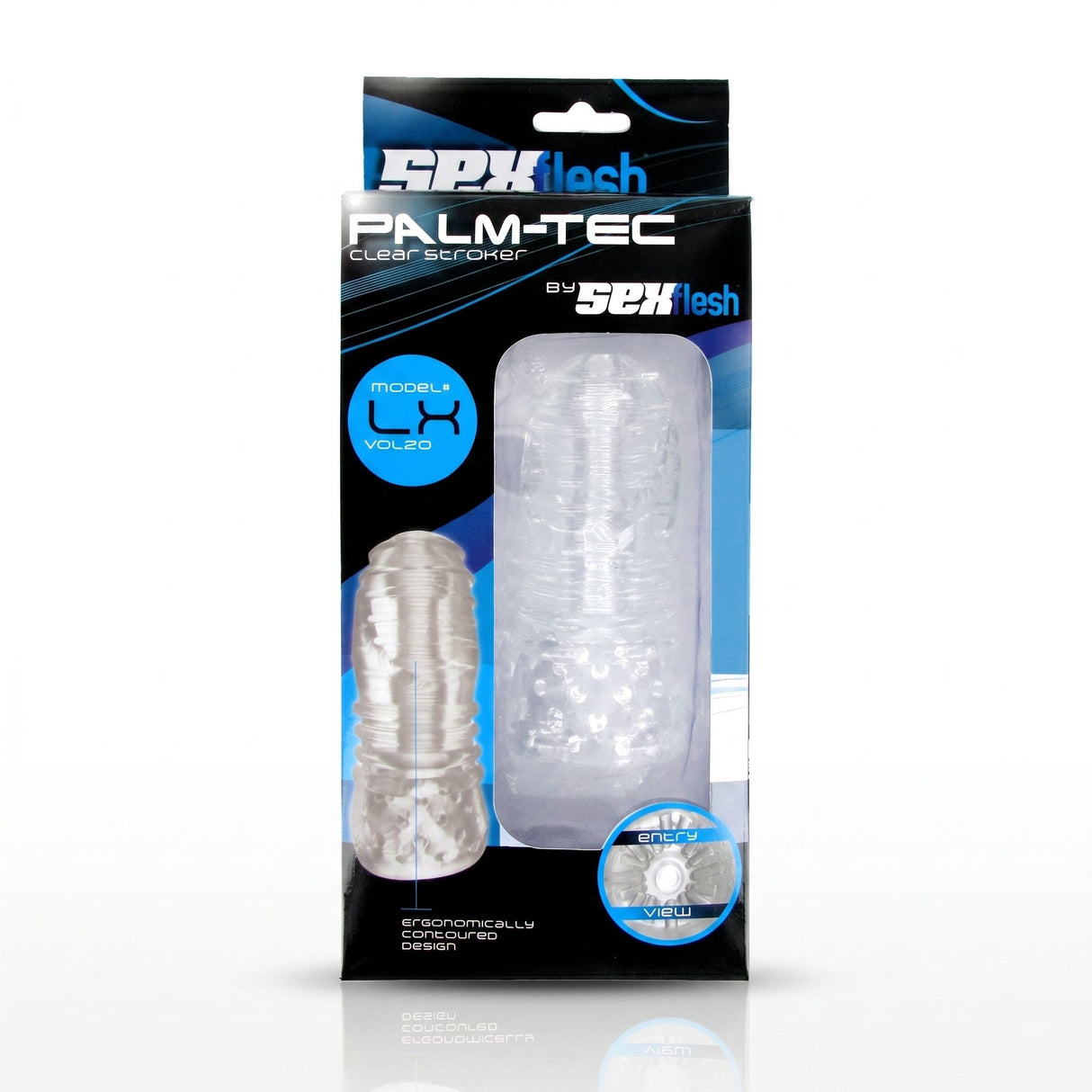 Sexflesh Palm-Tec LX Vol 20 Stroker Clear packaging with ergonomic design and visible interior texture