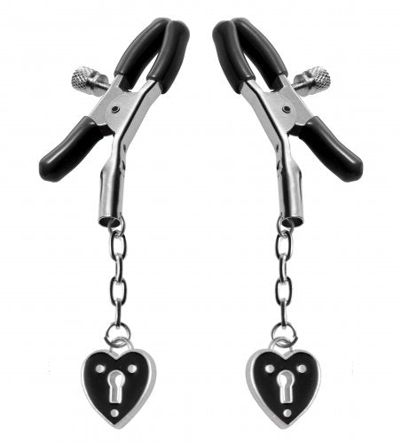 Master Series Charmed Heart Padlock Nipple Clamps with heart-shaped padlock detailing for sensation play.