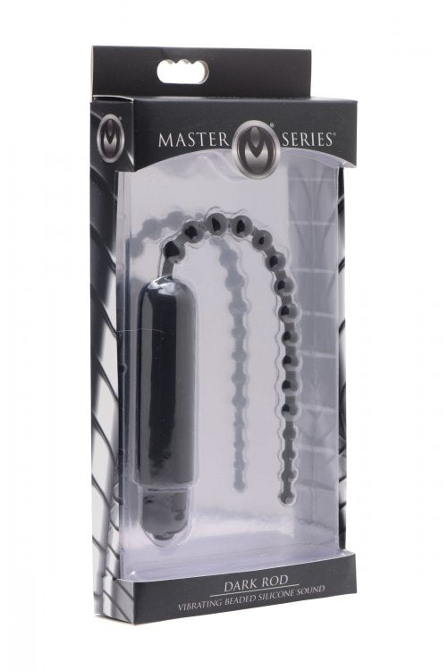 Master Series Dark Rod Vibrating Beaded Silicone Sound in packaging, designed for urethral pleasure and stimulation.
