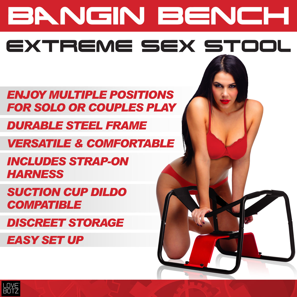 LoveBotz Bangin Bench Extreme Sex Stool with features for solo or couples play and a durable steel frame.