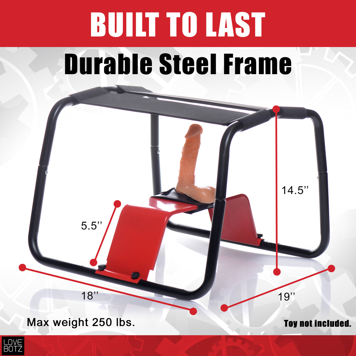 LoveBotz Bangin Bench Extreme Sex Stool with durable steel frame and dimensions labeled.