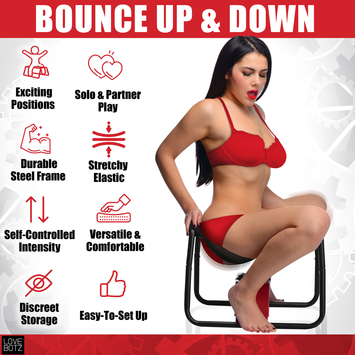 LoveBotz Bangin Bench Extreme Sex Stool showcasing its features for versatile sex play in a stylish design.