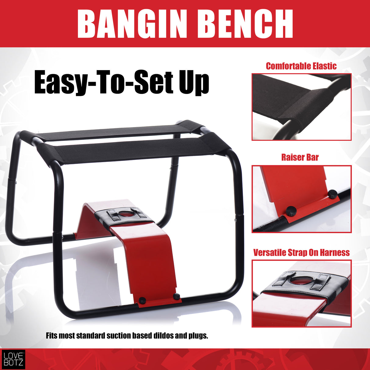 LoveBotz Bangin Bench Extreme Sex Stool easy-to-set up with comfortable elastic and versatile strap-on harness.