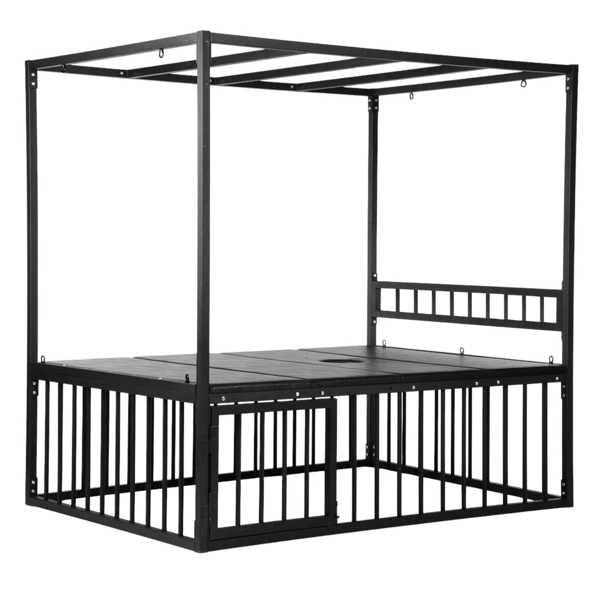 Master Series Bondage Bed with Cage in heavy-duty black steel, featuring a spacious design and multiple anchor points.