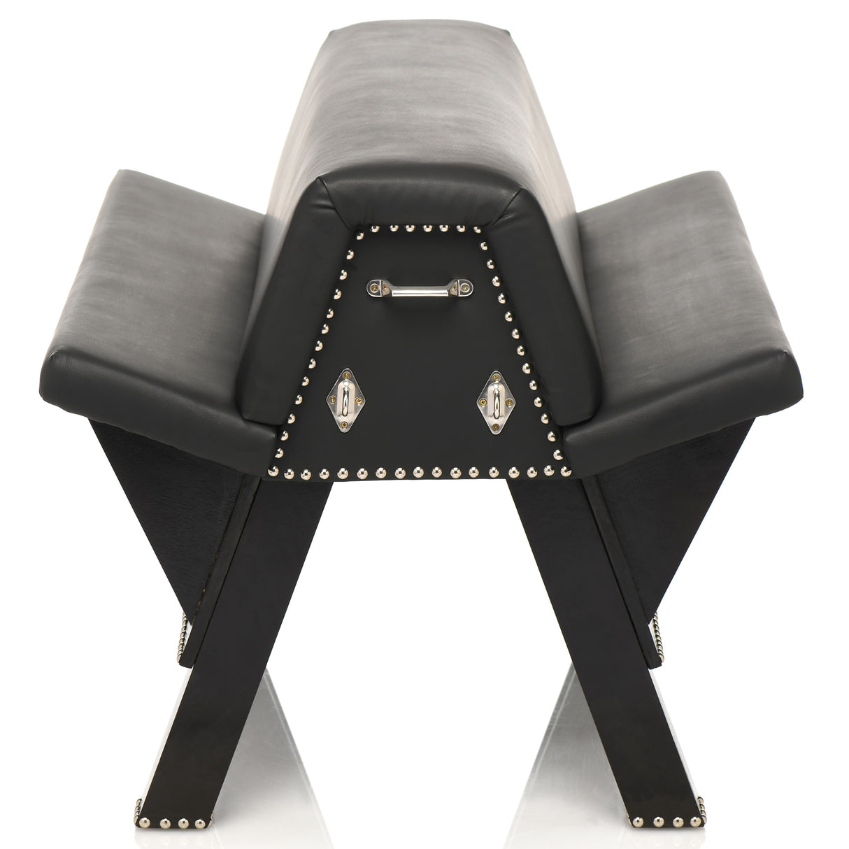 Bareback Submission Horse Black bondage bench with smooth vegan leather and bold metal accents.