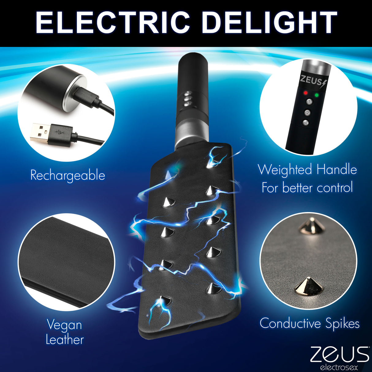 Zeus Electrosex 16 Inch E-stim Spiked Paddle Black with rechargeable feature and conductive spikes for electrifying impact play.