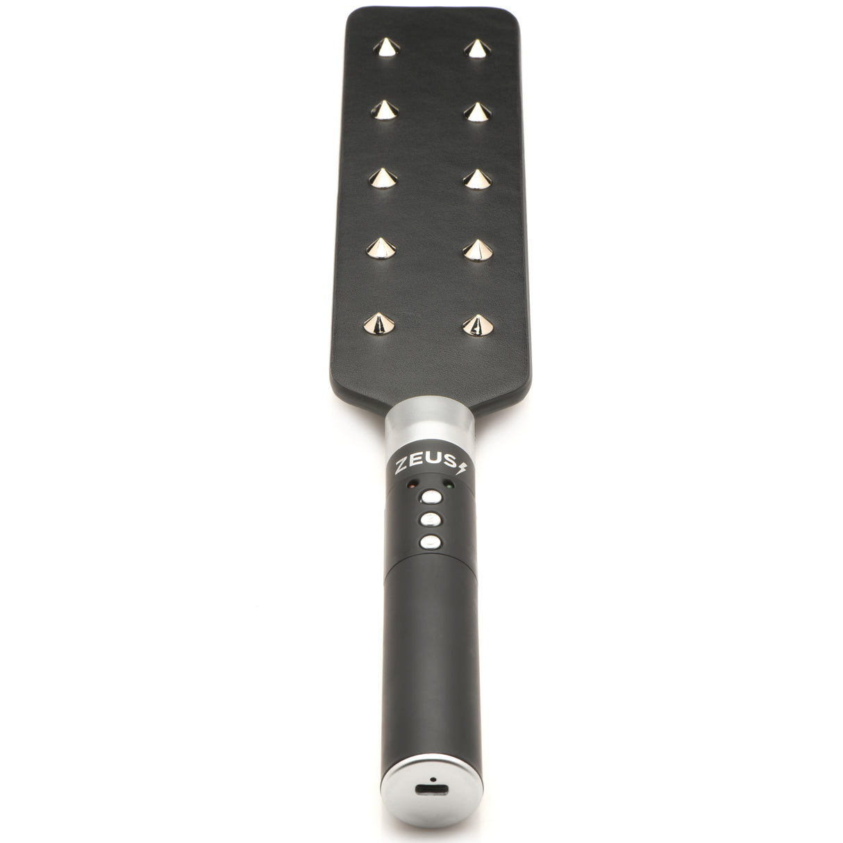Zeus Electrosex 16 Inch E-stim Spiked Paddle Black with spiked striking surface and conductive electrostimulation features.