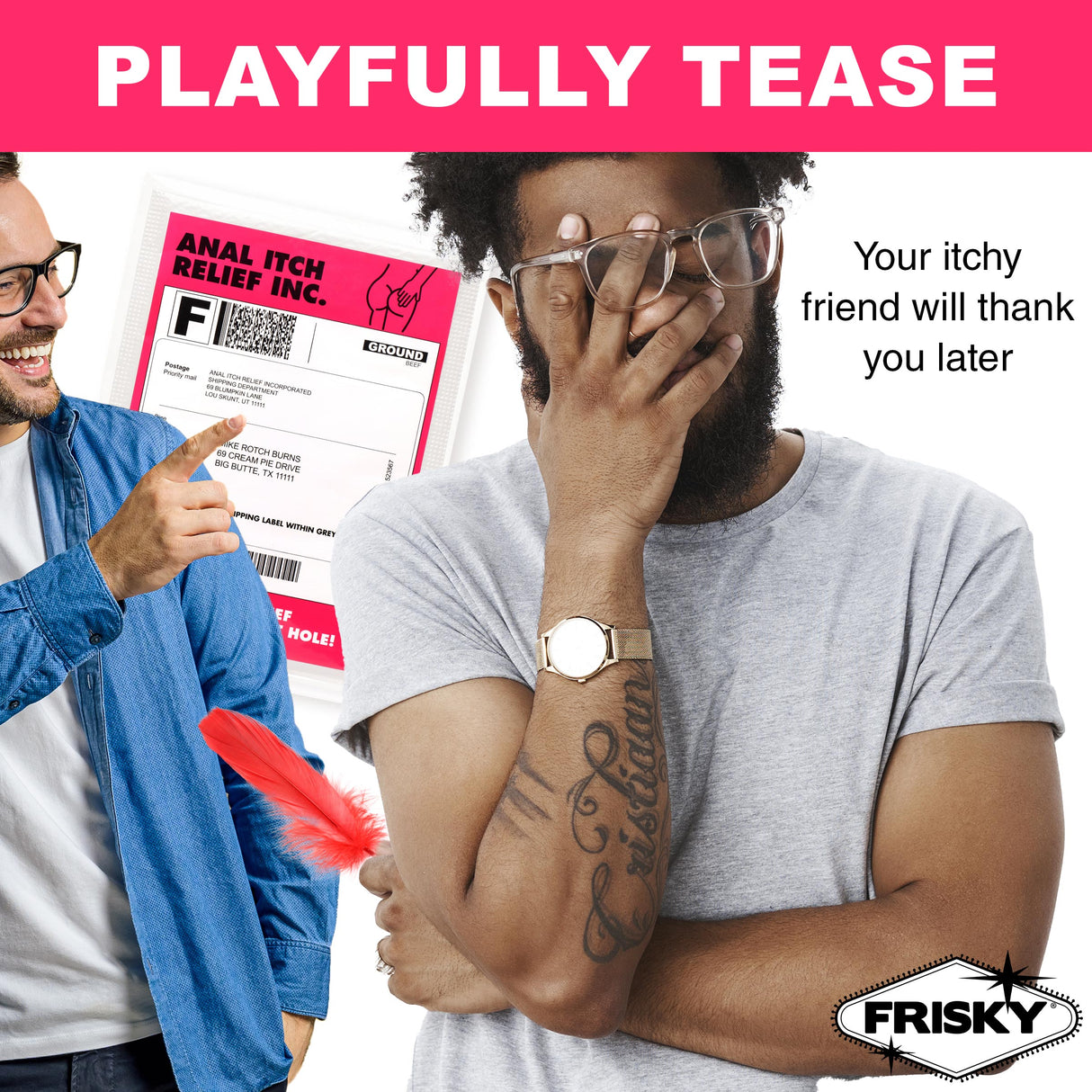 Playful scene featuring the Anal Itch Relief Joke Gift, showcasing laughter and a prank with a feather.