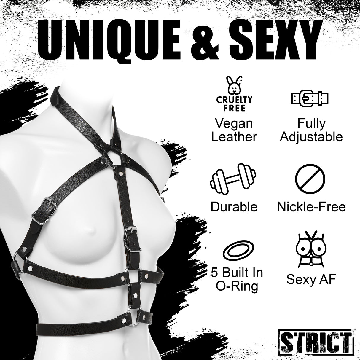Strict Female Chest Harness 2XL 3XL made from vegan leather, featuring adjustable straps and five built-in O-rings.