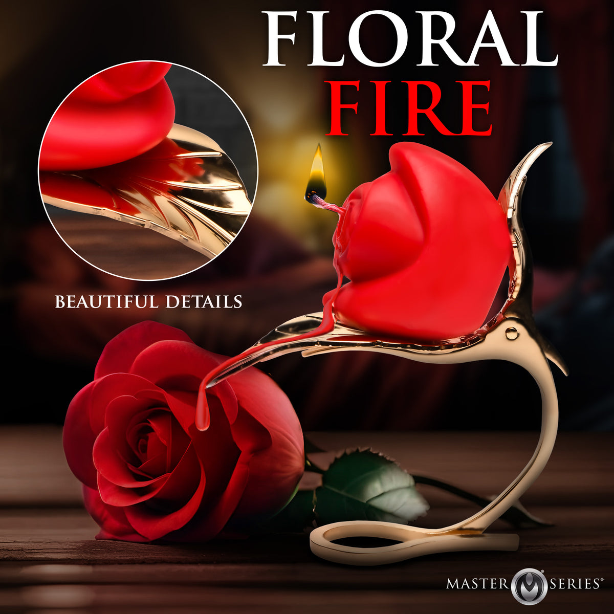 Burning Passion Rose Candle with Holder on a golden leaf stand with beautiful details and soft red rose illuminating.