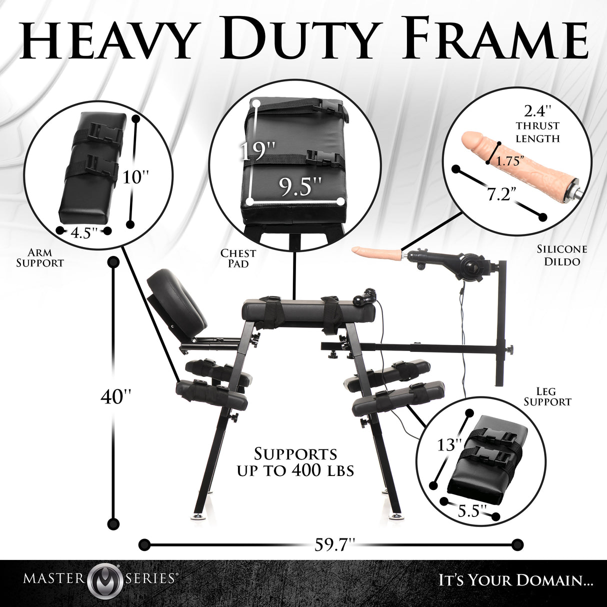 Master Series Obedience Chair with Sex Machine heavy duty frame layout with detailed measurements and features.