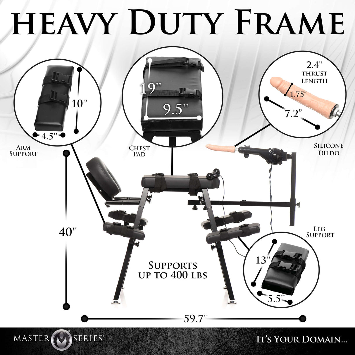 Master Series Obedience Chair with Sex Machine heavy duty frame layout with detailed measurements and features.