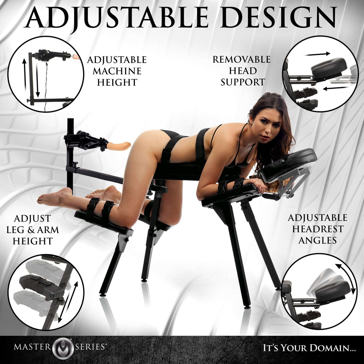 Image of Master Series Obedience Chair with Sex Machine showcasing adjustable design features and versatility.