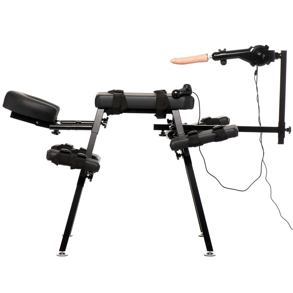 Master Series Obedience Chair with Sex Machine side view, featuring adjustable positioning and detachable thrusting accessory.