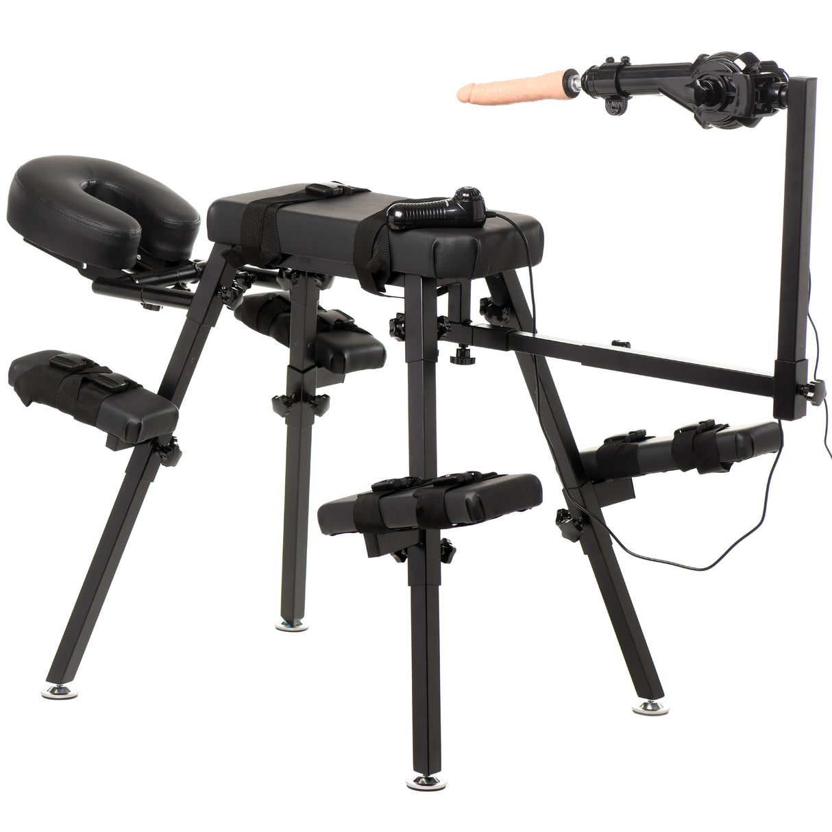 Master Series Obedience Chair with Sex Machine, an adjustable positioning bench with a detachable thrusting machine.