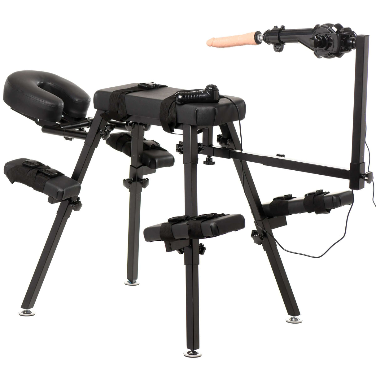 Master Series Obedience Chair with Sex Machine, an adjustable positioning bench with a detachable thrusting machine.
