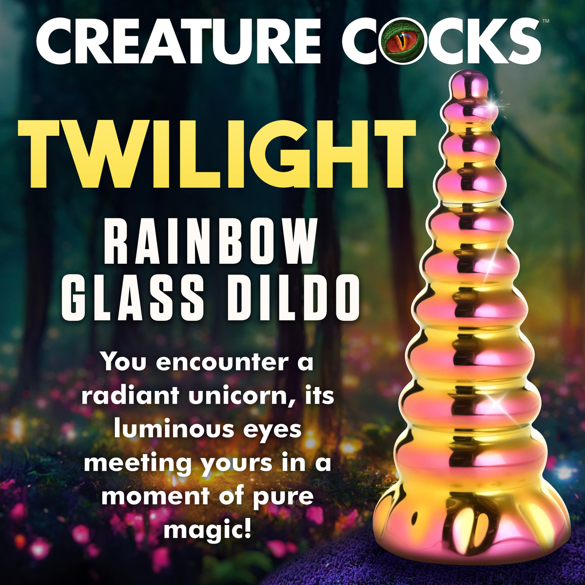 Creature Cocks Twilight Rainbow Unicorn Glass Dildo showcases a vibrant unicorn horn-inspired design.
