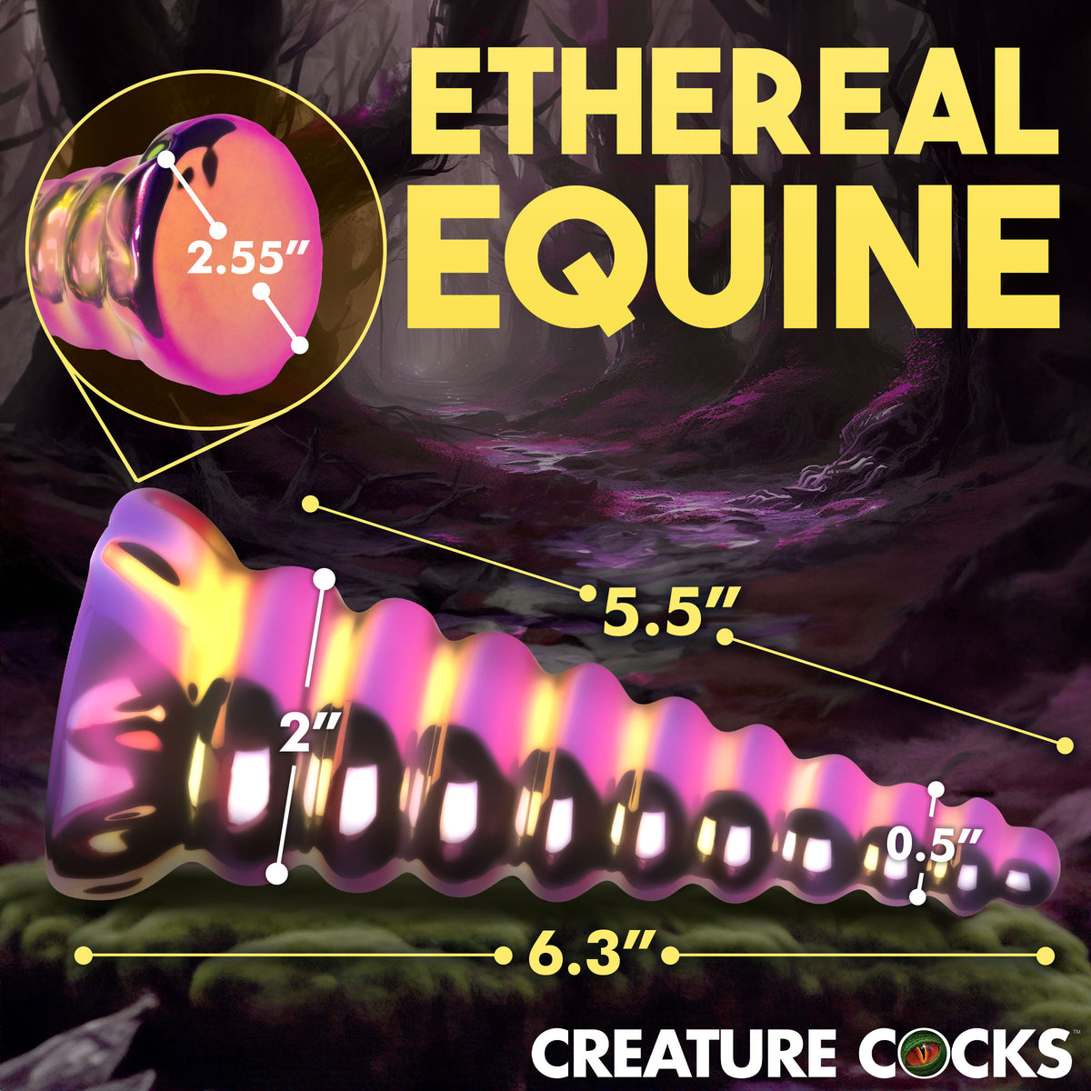 Creature Cocks Twilight Rainbow Unicorn Glass Dildo with measurements, iridescent design and fantasy theme.