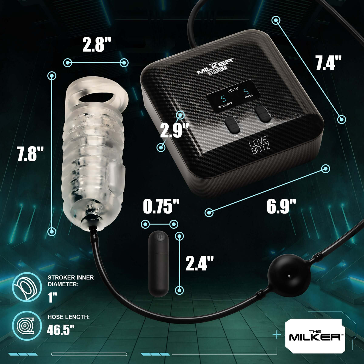 The Milker Stamina with Automatic Stroking Suction & Vibration product dimensions with details on stroker and controls.