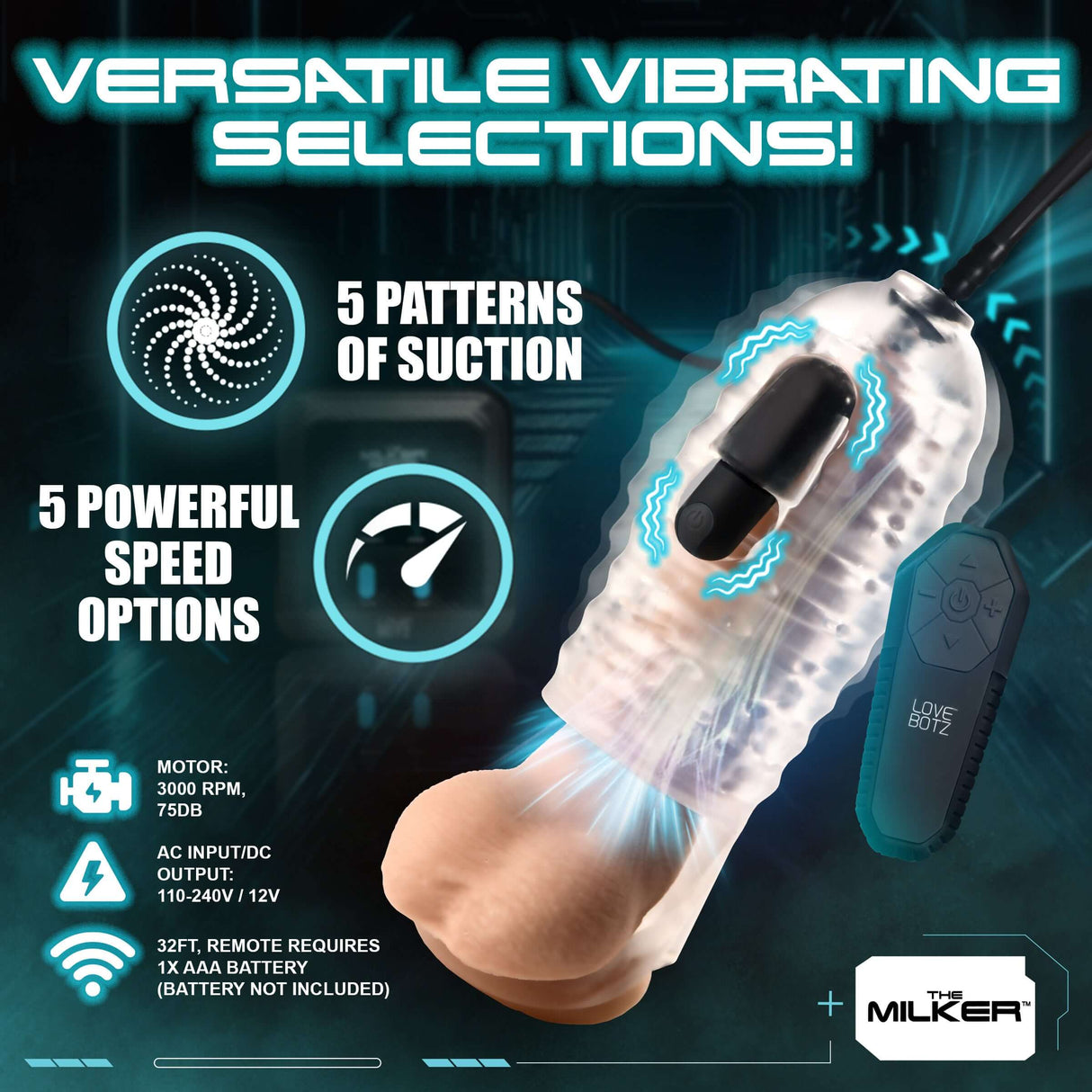 The Milker Stamina with Automatic Stroking Suction & Vibration showcases versatile vibrating selections and features.