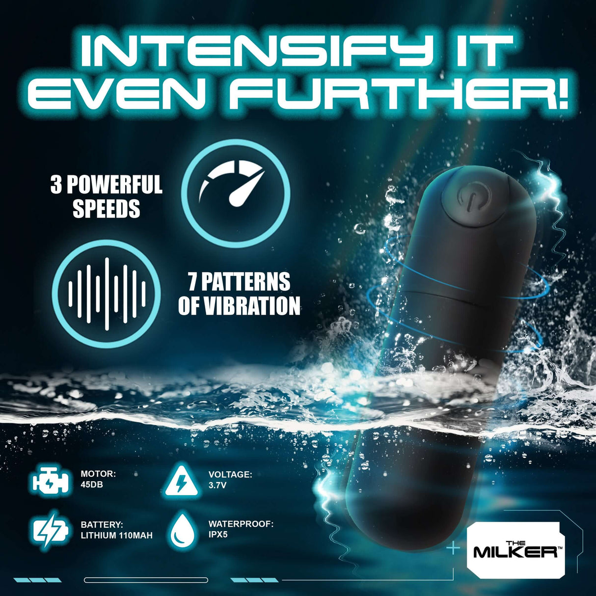 The Milker Stamina with Automatic Stroking Suction & Vibration showcasing 3 speeds and 7 vibration patterns.