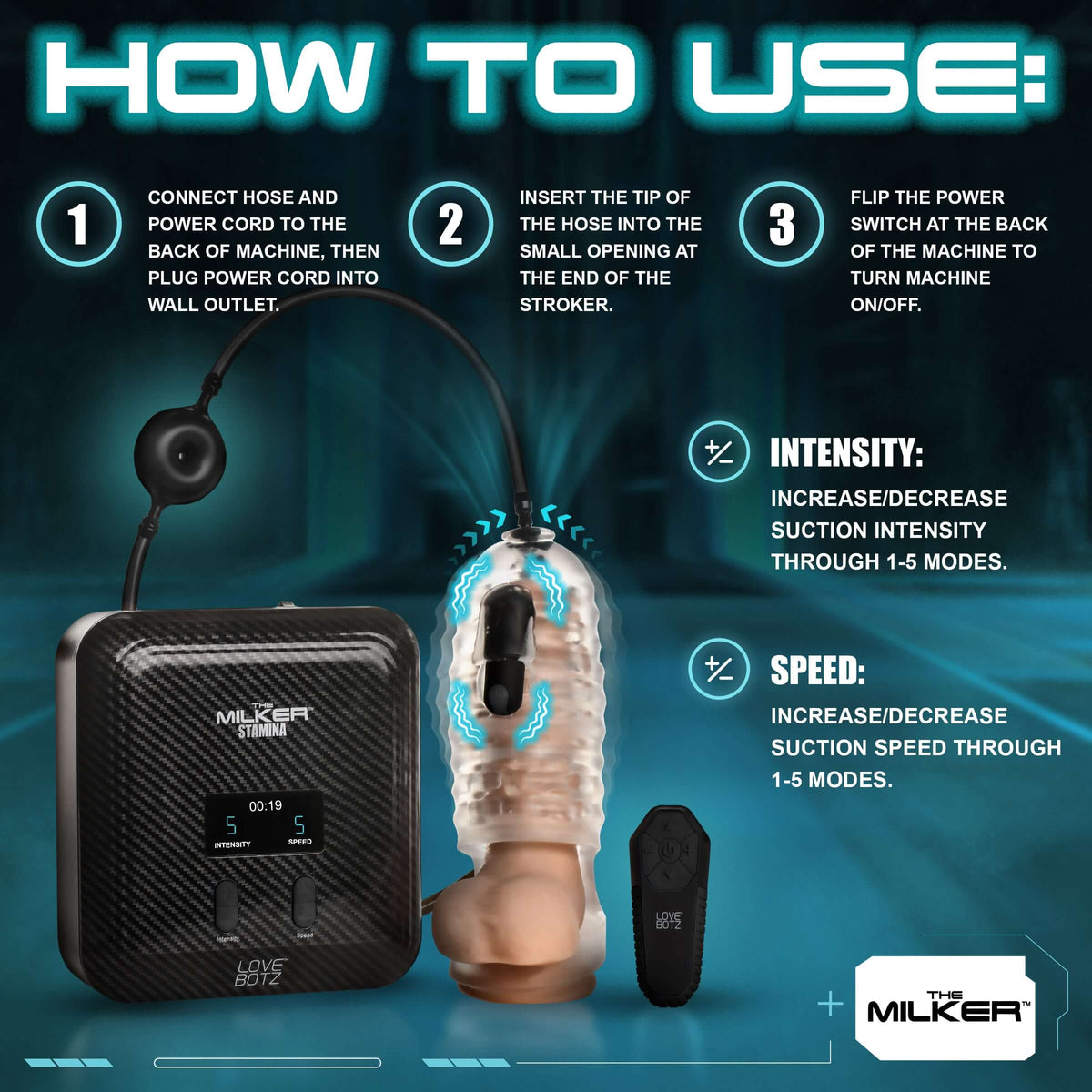 How to use The Milker Stamina with Automatic Stroking Suction & Vibration, featuring setup instructions and control options.