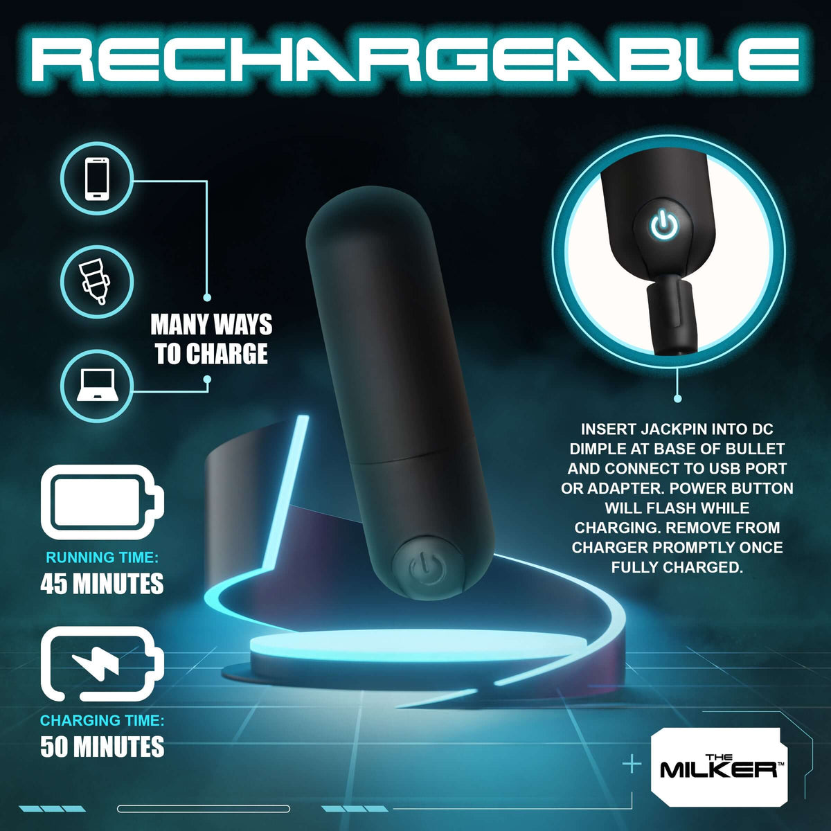 The Milker Stamina with Automatic Stroking Suction & Vibration features a rechargeable design with various charging options.