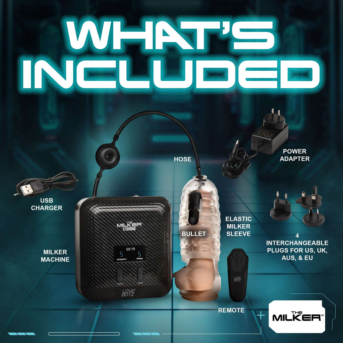 Image showing The Milker Stamina with Automatic Stroking Suction & Vibration components, including a milker machine, remote, and accessories.