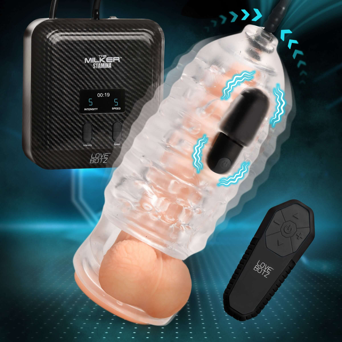 Image of The Milker Stamina with Automatic Stroking Suction & Vibration features a hands-free male masturbator with remote control.