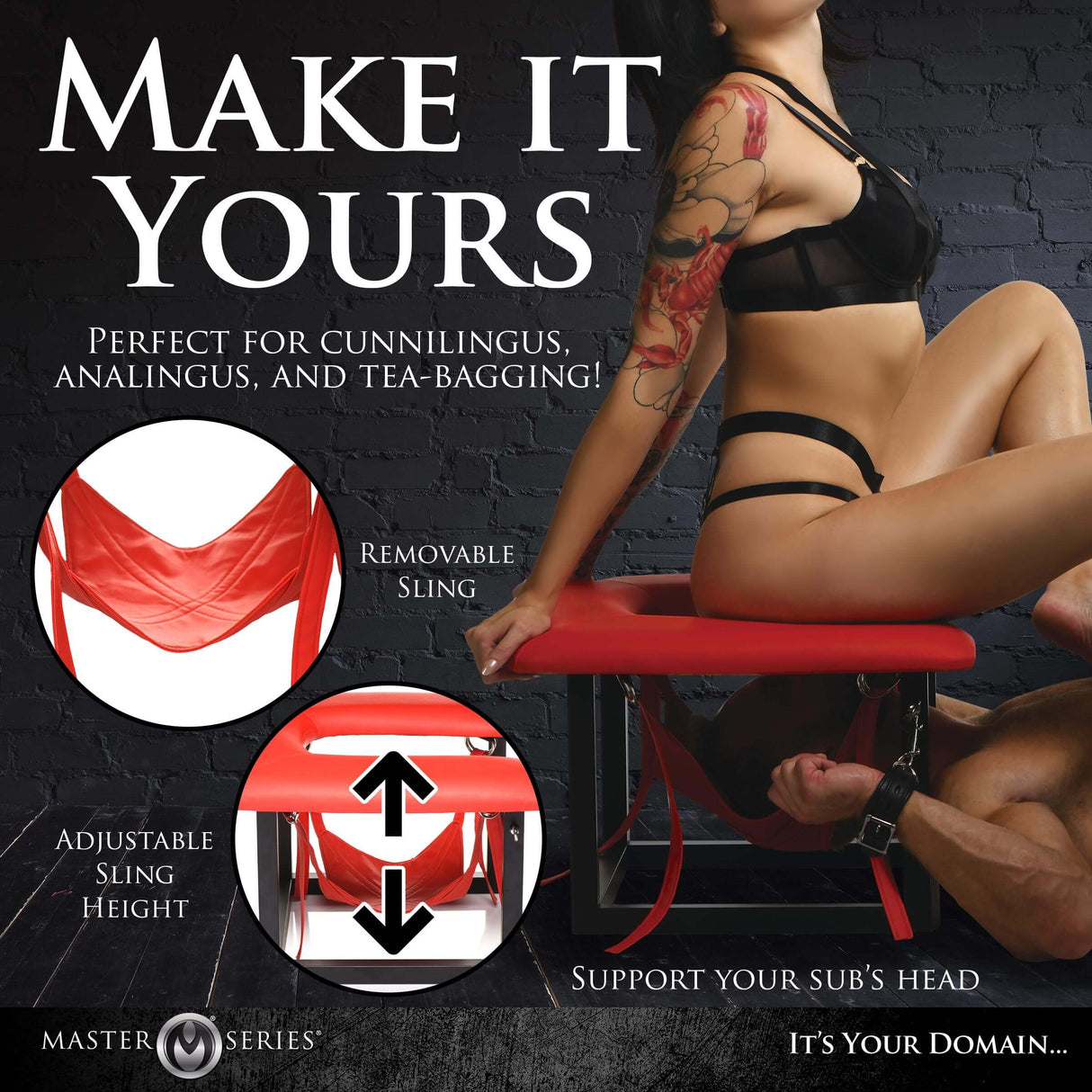 Master Series Face Rider Queening Chair with adjustable sling height and removable sling for versatile play.