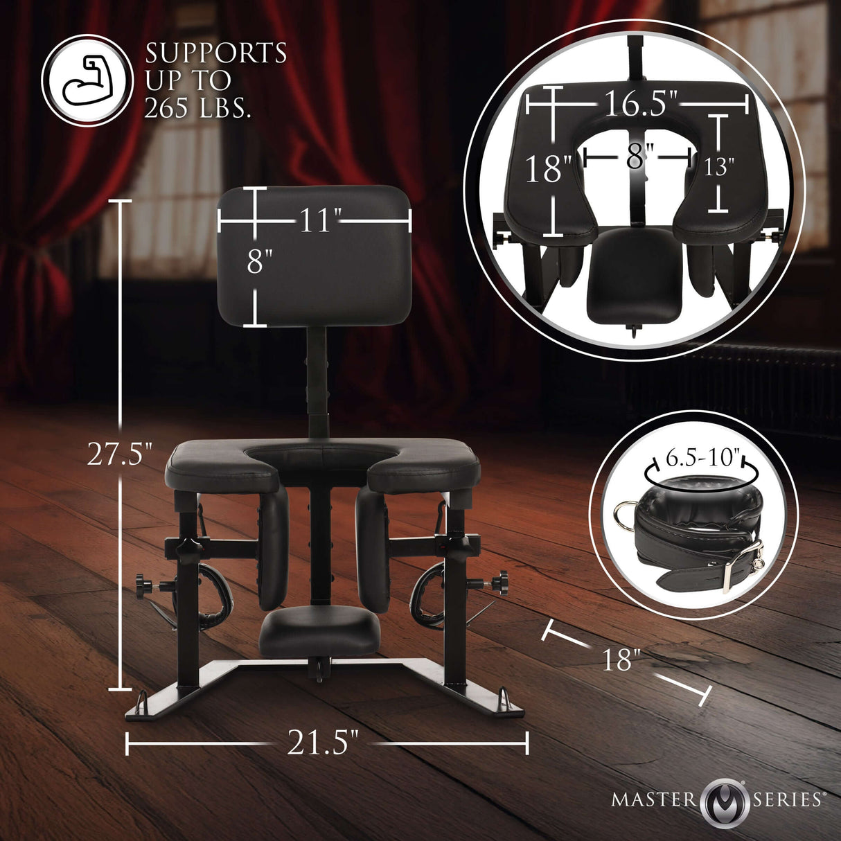 Pleasure Throne Oral Sex Chair dimensions and features, supports up to 265 lbs for comfortable and ergonomic play.