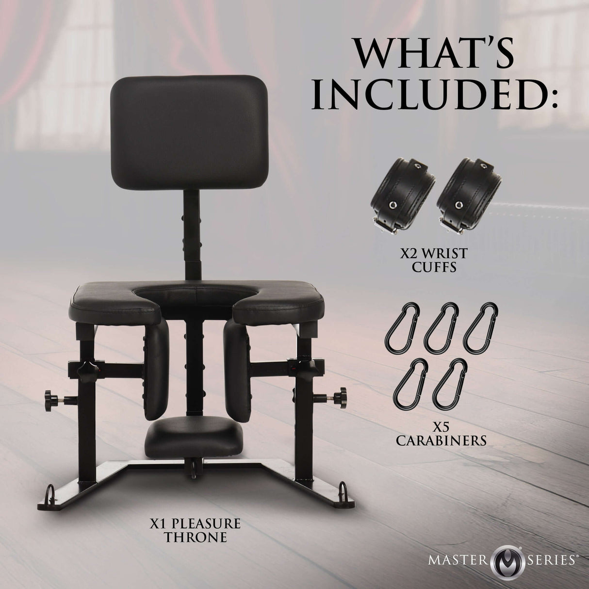 Pleasure Throne Oral Sex Chair with included wrist cuffs and carabiners for enhanced pleasure and comfort.